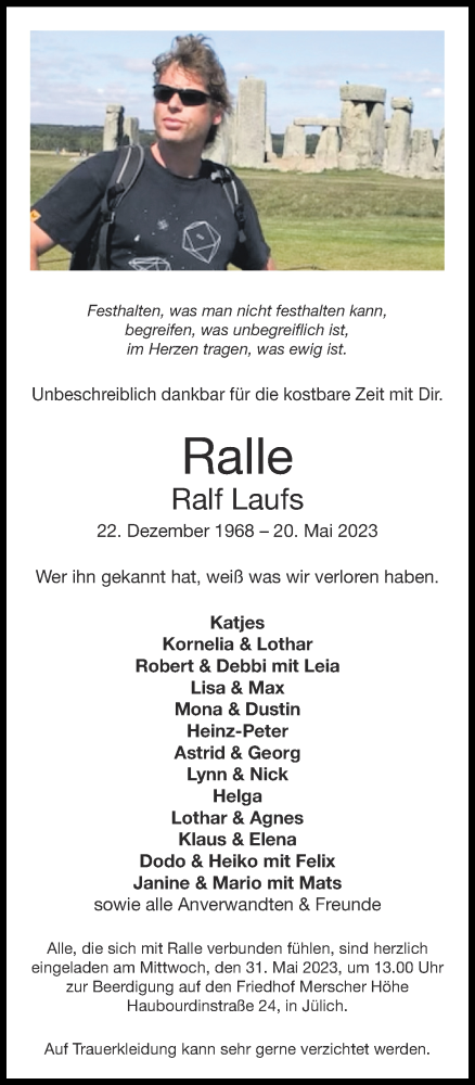  Traueranzeige für Ralle Laufs vom 28.05.2023 aus Zeitung am Sonntag