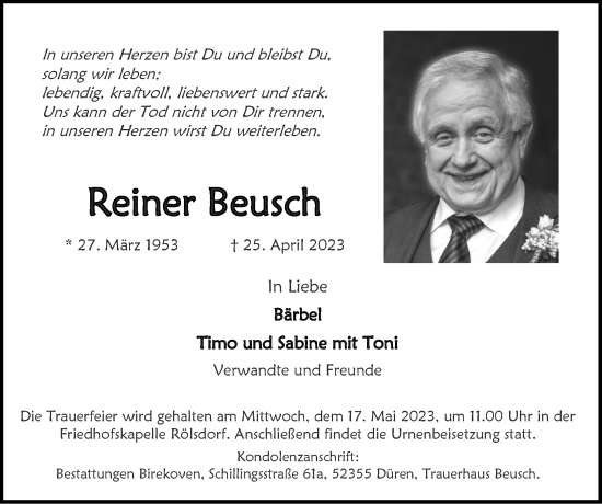 Traueranzeige von Reiner Beusch von Zeitung am Sonntag