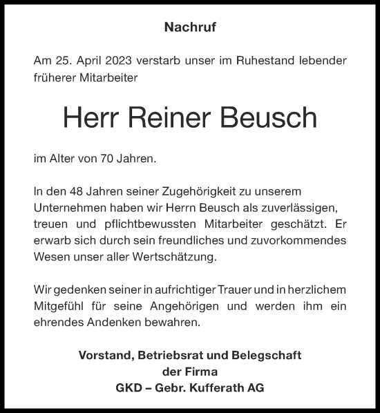 Traueranzeige von Reiner Beusch von Aachener Zeitung