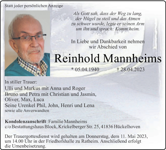 Traueranzeige von Reinhold Mannheims von Zeitung am Sonntag