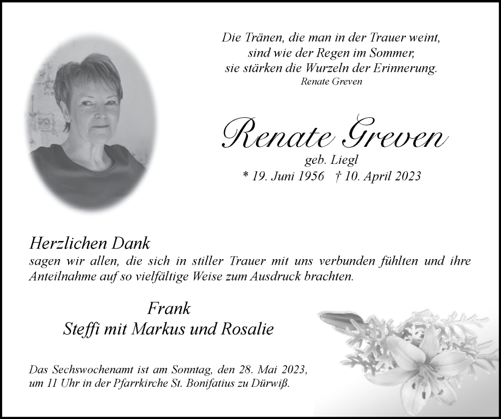  Traueranzeige für Renate Greven vom 14.05.2023 aus Zeitung am Sonntag