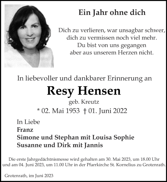 Traueranzeige von Resy Hensen von Zeitung am Sonntag