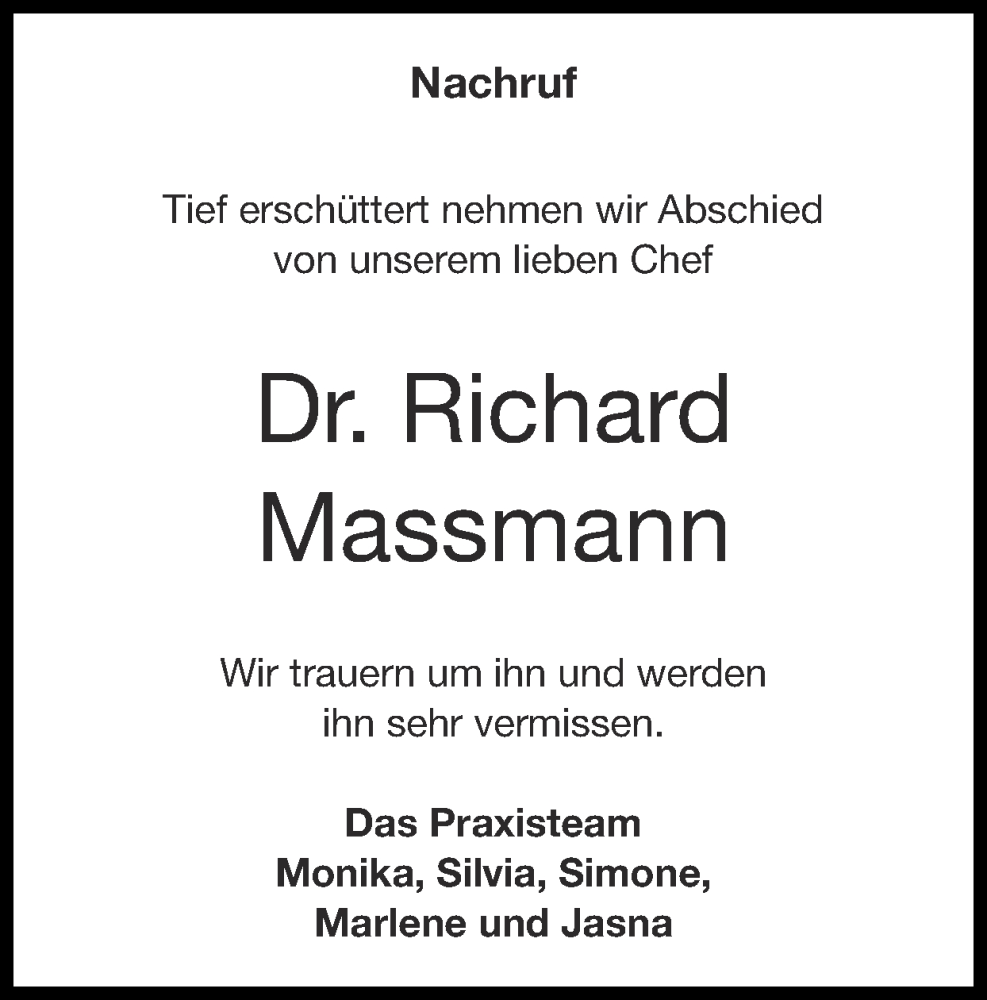  Traueranzeige für Richard Massmann vom 14.05.2023 aus Zeitung am Sonntag