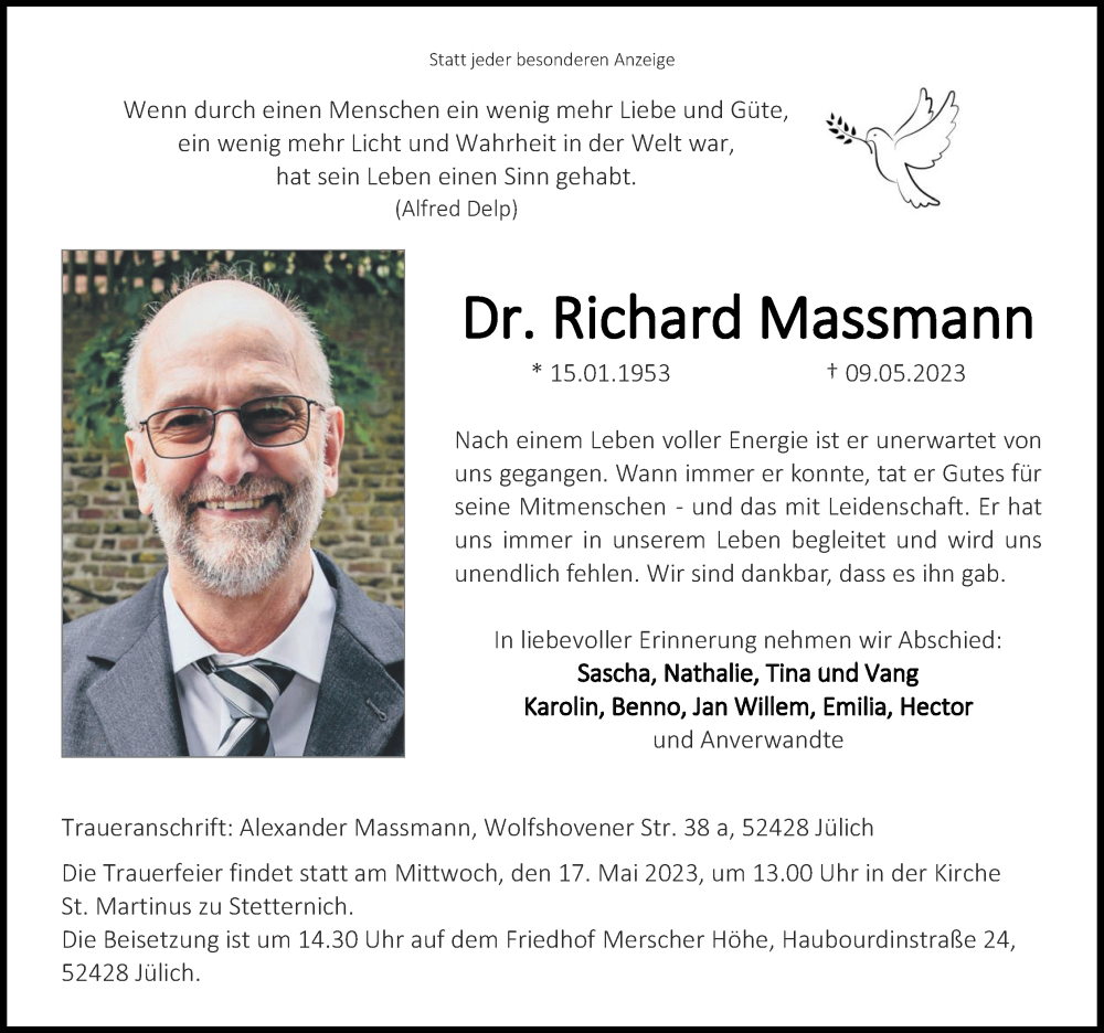  Traueranzeige für Richard Massmann vom 14.05.2023 aus Zeitung am Sonntag