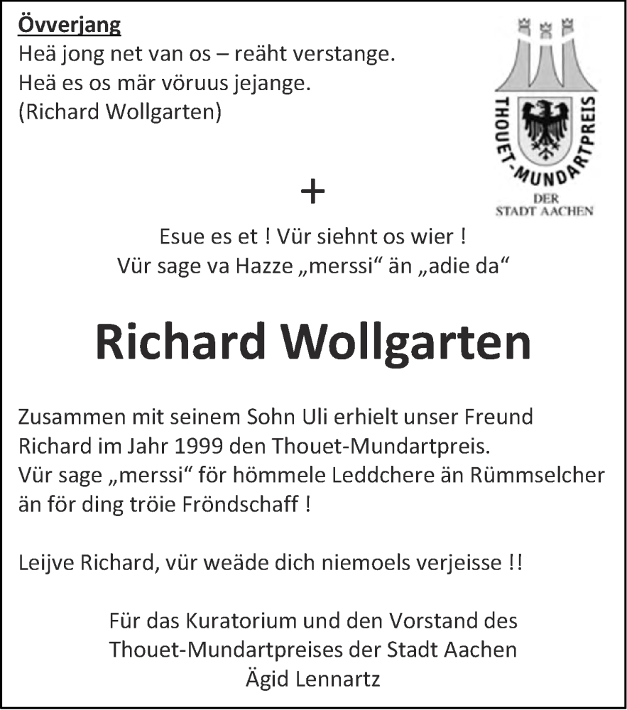  Traueranzeige für Richard Wollgarten vom 27.05.2023 aus Aachener Zeitung