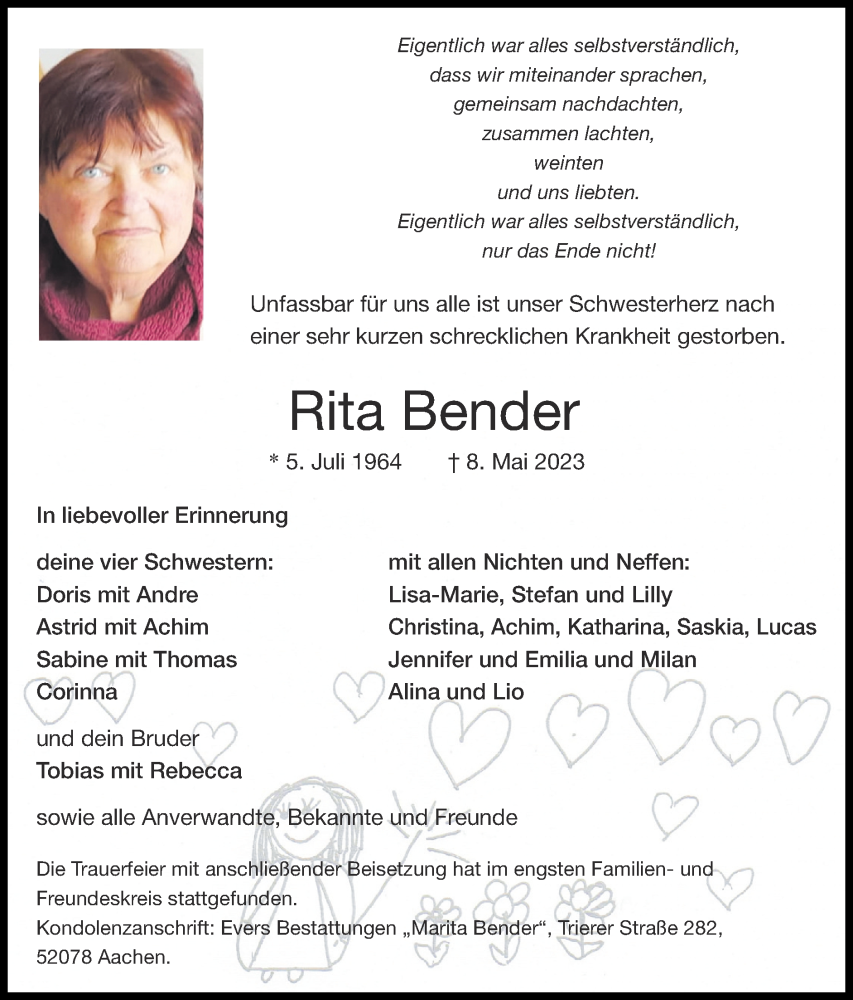  Traueranzeige für Rita Bender vom 28.05.2023 aus Zeitung am Sonntag