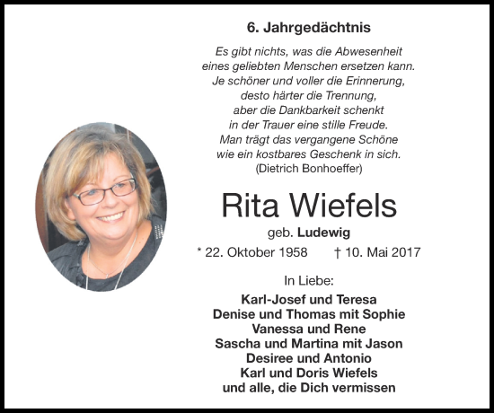 Traueranzeige von Rita Wiefels von Zeitung am Sonntag