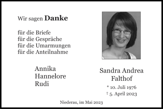 Traueranzeige von Sandra Andrea Falthof von Zeitung am Sonntag