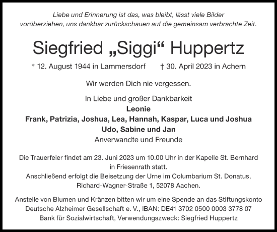Traueranzeige von Siegfried Huppertz von Zeitung am Sonntag