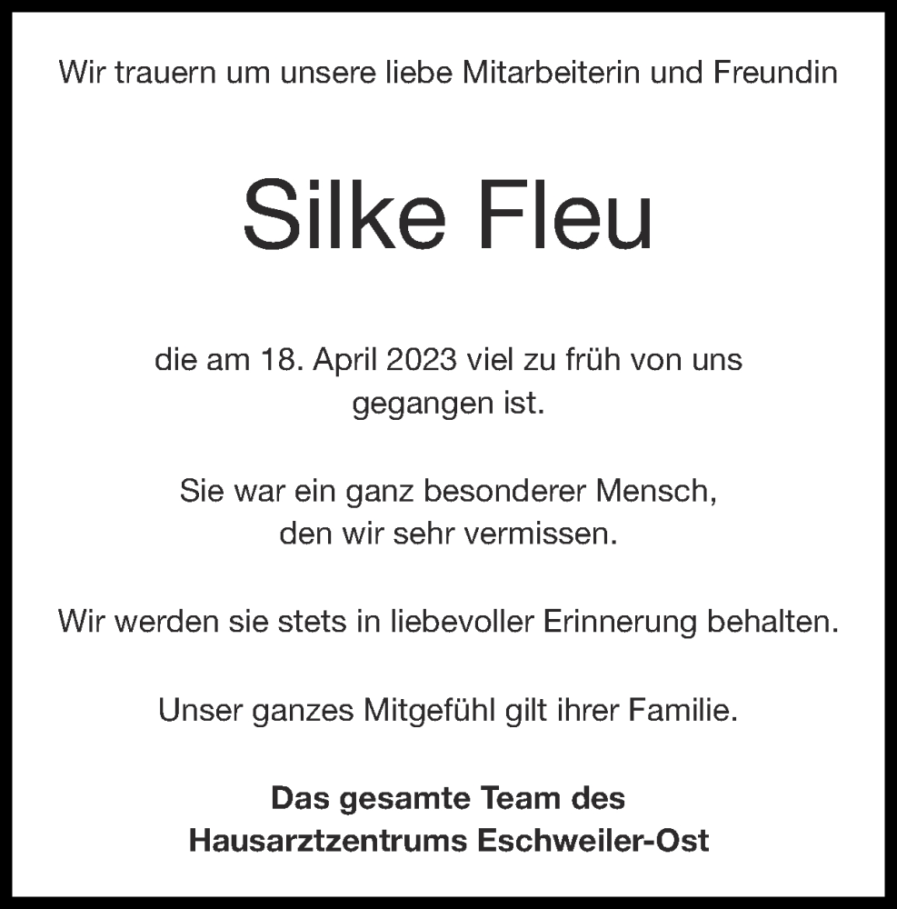  Traueranzeige für Silke Fleu vom 14.05.2023 aus Zeitung am Sonntag