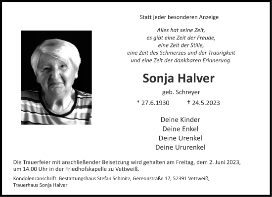 Traueranzeige von Sonja Halver von Aachener Zeitung