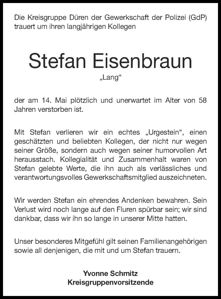  Traueranzeige für Stefan Eisenbraun vom 28.05.2023 aus Zeitung am Sonntag
