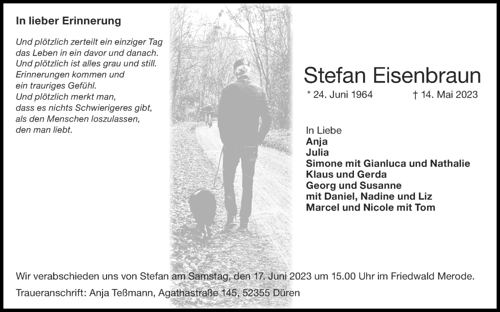  Traueranzeige für Stefan Eisenbraun vom 28.05.2023 aus Zeitung am Sonntag