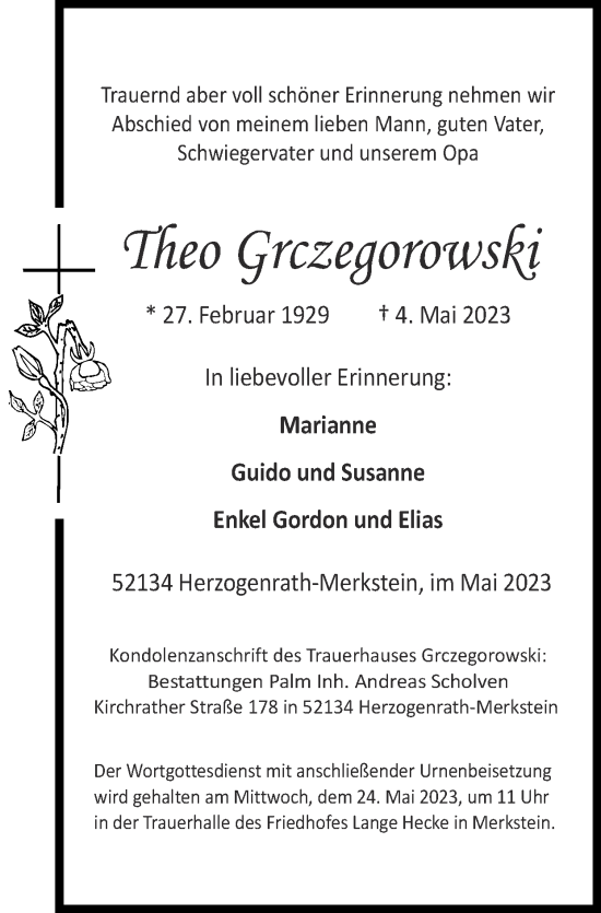 Traueranzeige von Theo Grczegorowski von Zeitung am Sonntag