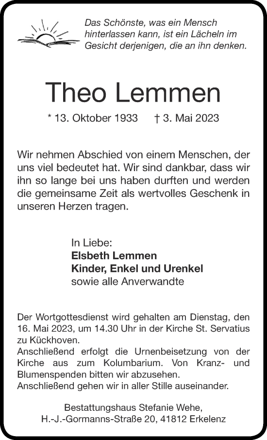 Traueranzeige von Theo Lemmen von Zeitung am Sonntag