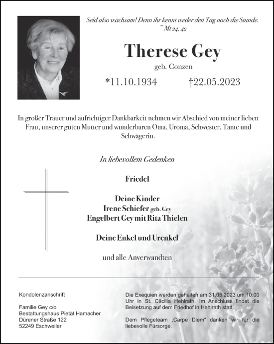 Traueranzeige von Therese Gey von Zeitung am Sonntag