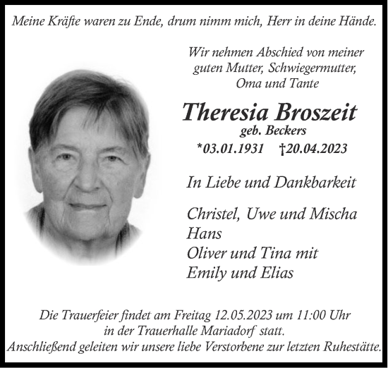 Traueranzeige von Theresia Broszeit von Zeitung am Sonntag