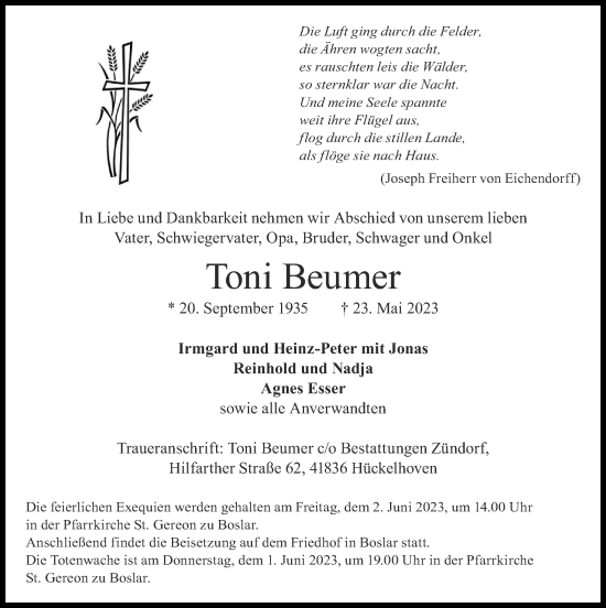 Traueranzeige von Toni Beumer von Zeitung am Sonntag