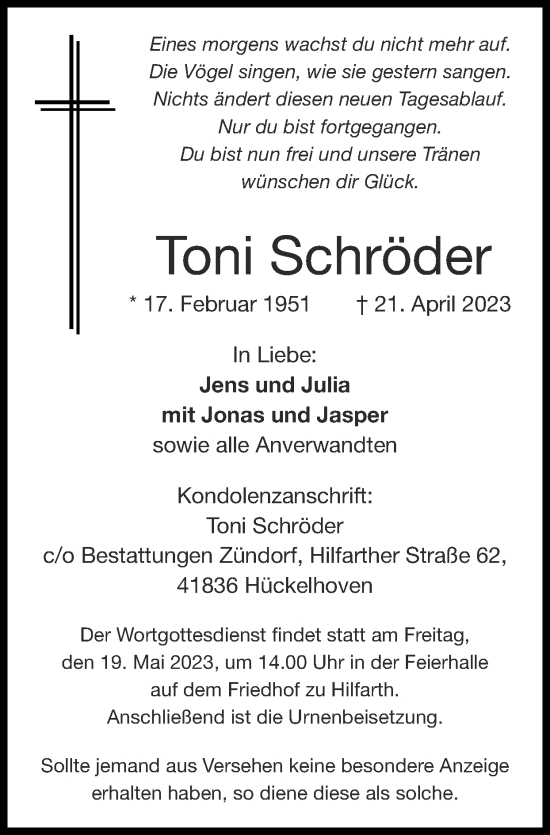 Traueranzeige von Toni Schröder von Zeitung am Sonntag