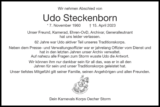 Traueranzeige von Udo Steckenborn von Zeitung am Sonntag