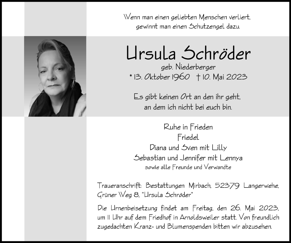  Traueranzeige für Ursula Schröder vom 21.05.2023 aus Zeitung am Sonntag