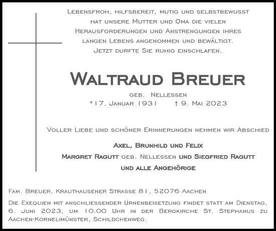 Traueranzeige von Waltraud Breuer von Zeitung am Sonntag