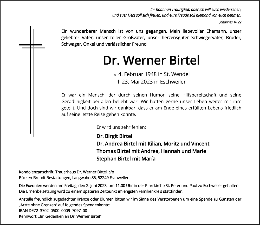  Traueranzeige für Werner Birtel vom 27.05.2023 aus Aachener Zeitung