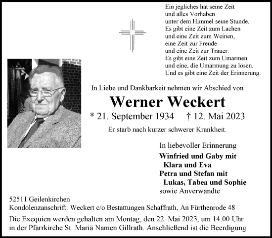Traueranzeige von Werner Weckert von Zeitung am Sonntag