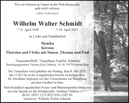 Traueranzeige von Wilhelm Walter Schmidt von Aachener Zeitung