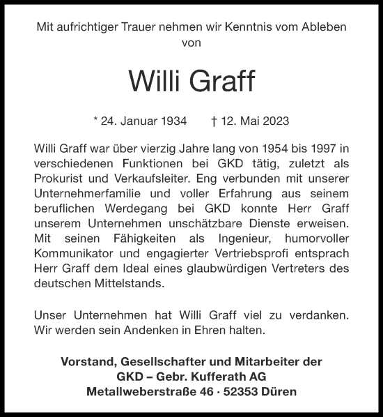 Traueranzeige von Willi Graff von Aachener Zeitung
