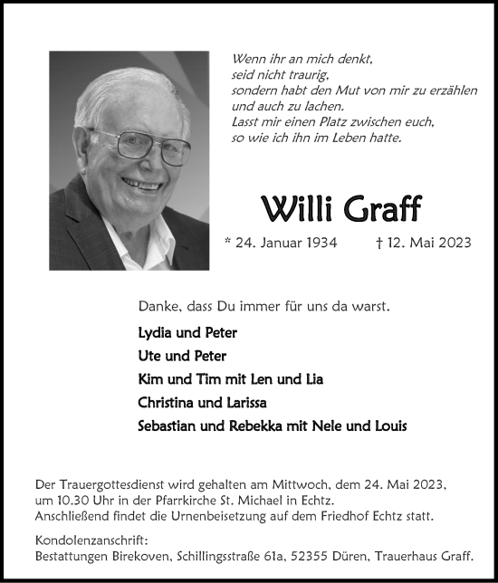 Traueranzeige von Willi Graff von Zeitung am Sonntag