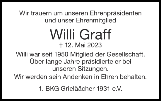 Traueranzeige von Willi Graff von Zeitung am Sonntag