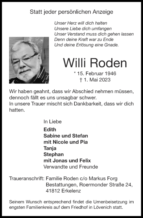 Traueranzeige von Willi Roden von Zeitung am Sonntag