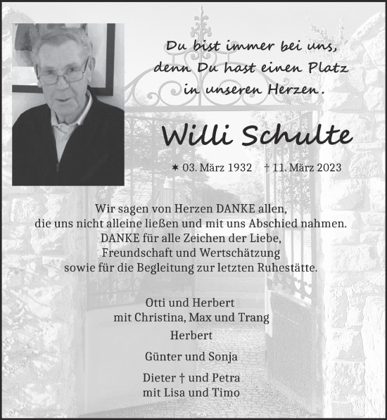 Traueranzeige von Willi Schulte von Zeitung am Sonntag