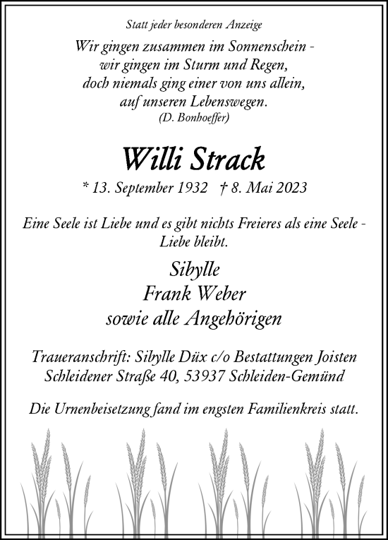Traueranzeige von Willi Strack von Zeitung am Sonntag