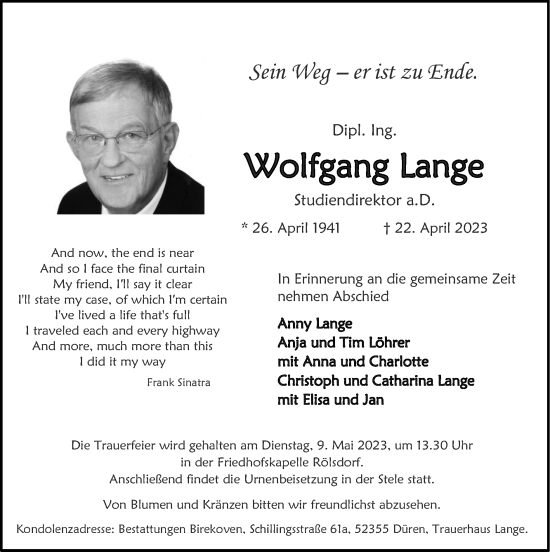 Traueranzeige von Wolfgang Lange von Zeitung am Sonntag