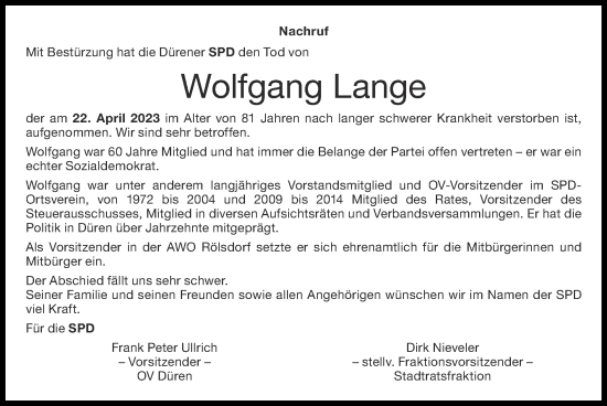 Traueranzeige von Wolfgang Lange von Zeitung am Sonntag