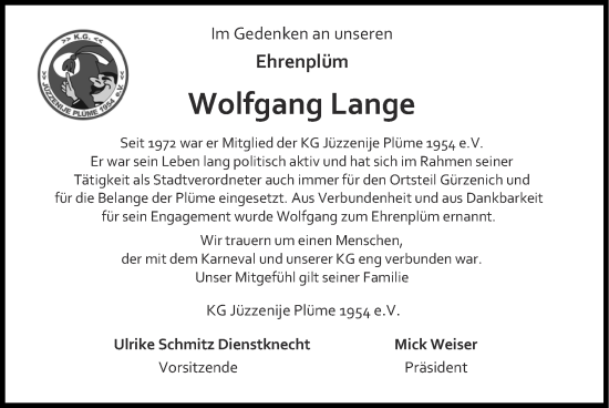 Traueranzeige von Wolfgang Lange von Zeitung am Sonntag