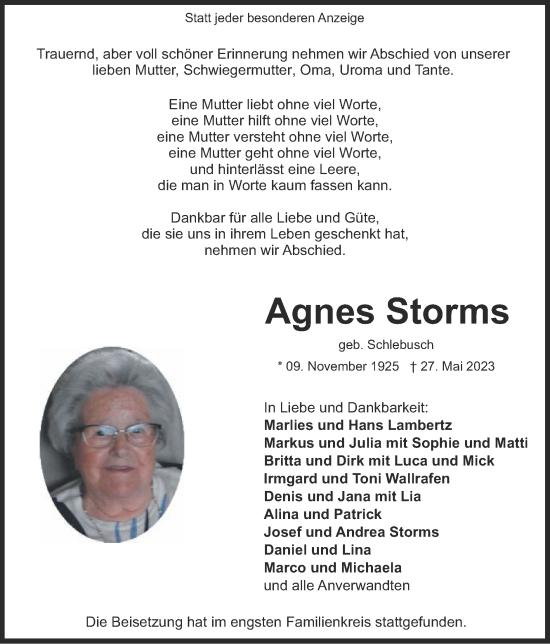 Traueranzeige von Agnes Storms von Zeitung am Sonntag