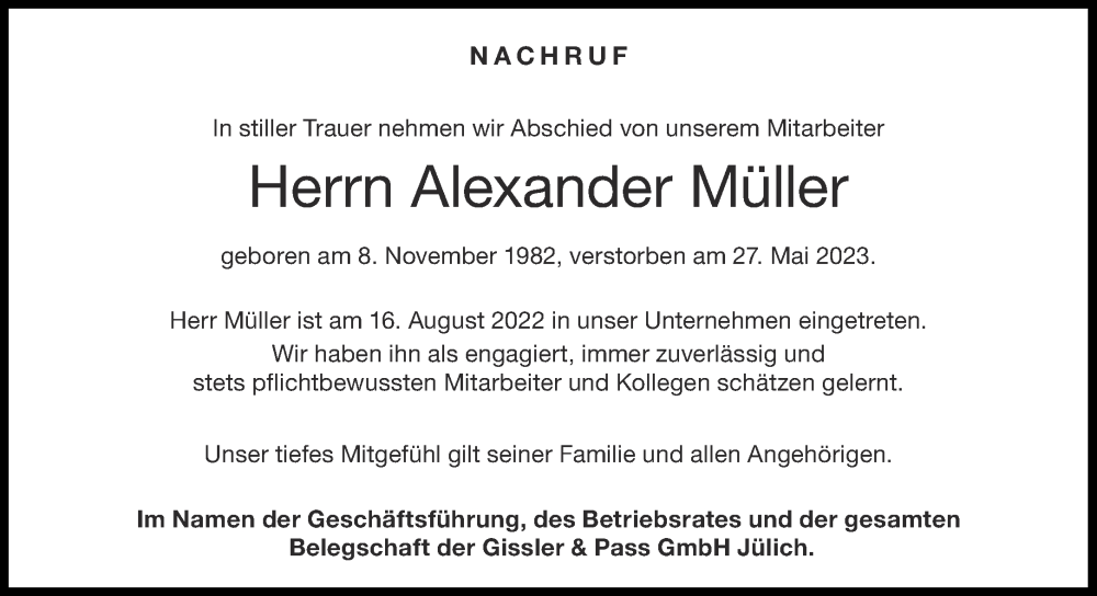  Traueranzeige für Alexander Müller vom 03.06.2023 aus Aachener Zeitung