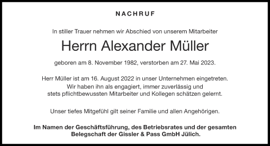 Traueranzeige von Alexander Müller von Aachener Zeitung