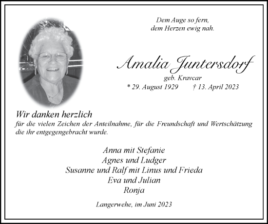 Traueranzeige von Amalia Juntersdorf von Zeitung am Sonntag