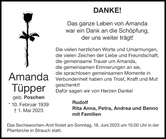 Traueranzeige von Amanda Tüpper von Zeitung am Sonntag