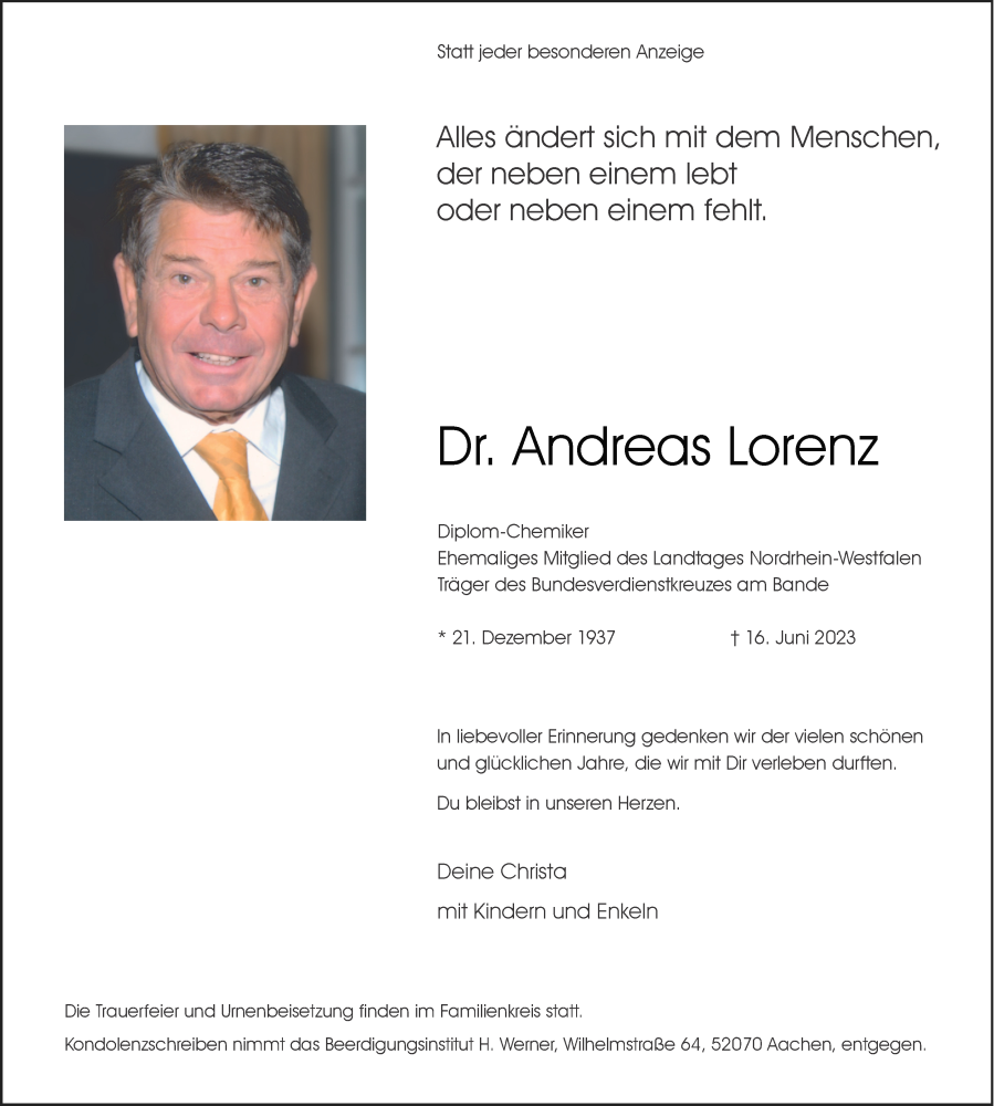  Traueranzeige für Andreas Lorenz vom 24.06.2023 aus Aachener Zeitung
