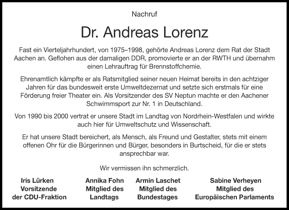  Traueranzeige für Andreas Lorenz vom 28.06.2023 aus Aachener Zeitung