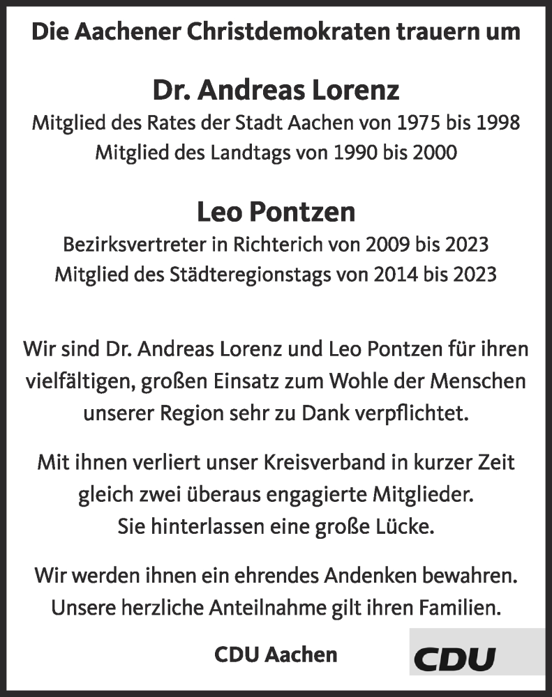  Traueranzeige für Andreas Lorenz vom 24.06.2023 aus Aachener Zeitung