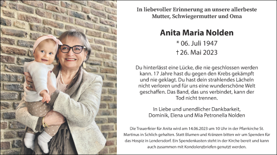 Traueranzeige von Anita Maria Nolden von Zeitung am Sonntag