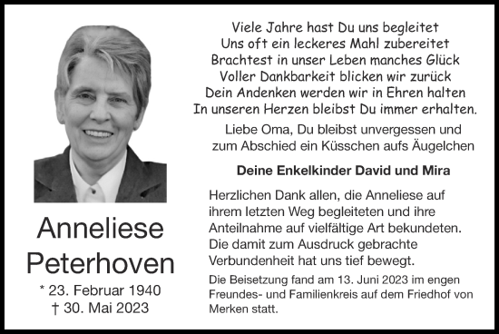 Traueranzeige von Anneliese Peterhoven von Zeitung am Sonntag
