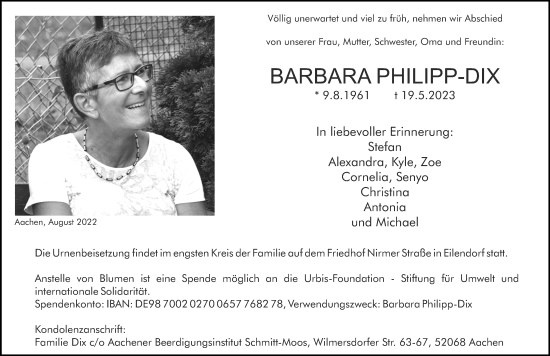 Traueranzeige von Barbara Philipp-Dix von Zeitung am Sonntag