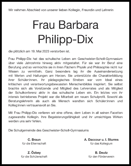 Traueranzeige von Barbara Philipp-Dix von Zeitung am Sonntag